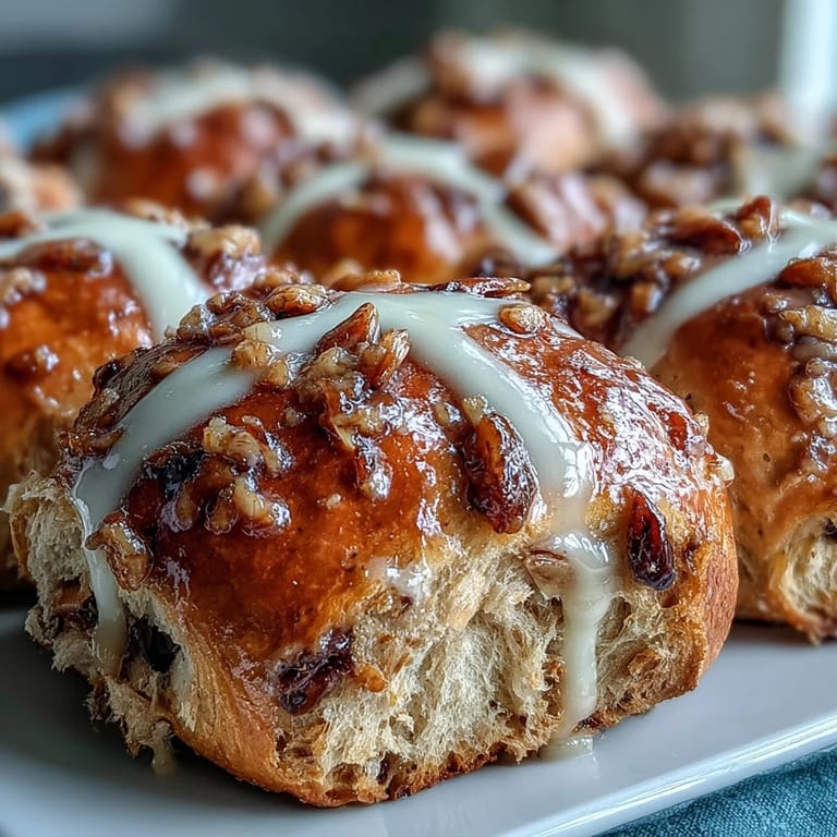 Traditional hot cross buns finished with a citrusy orange glaze, ideal for sharing during Easter celebrations.