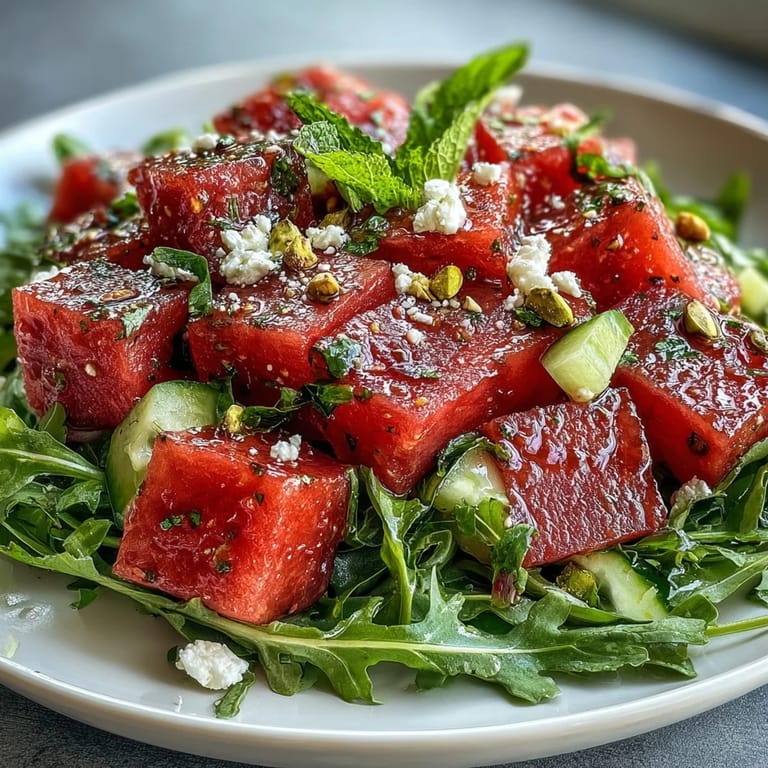 A refreshing Watermelon and Arugula Salad featuring crisp cucumber, red onion, and zesty lime dressing, ideal for healthy eating.  