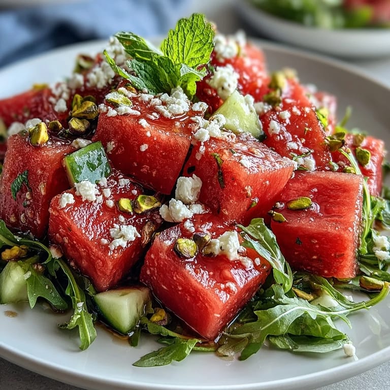 A colorful Watermelon and Arugula Salad topped with creamy feta, fresh mint, and crunchy pistachios, great for picnics or parties.