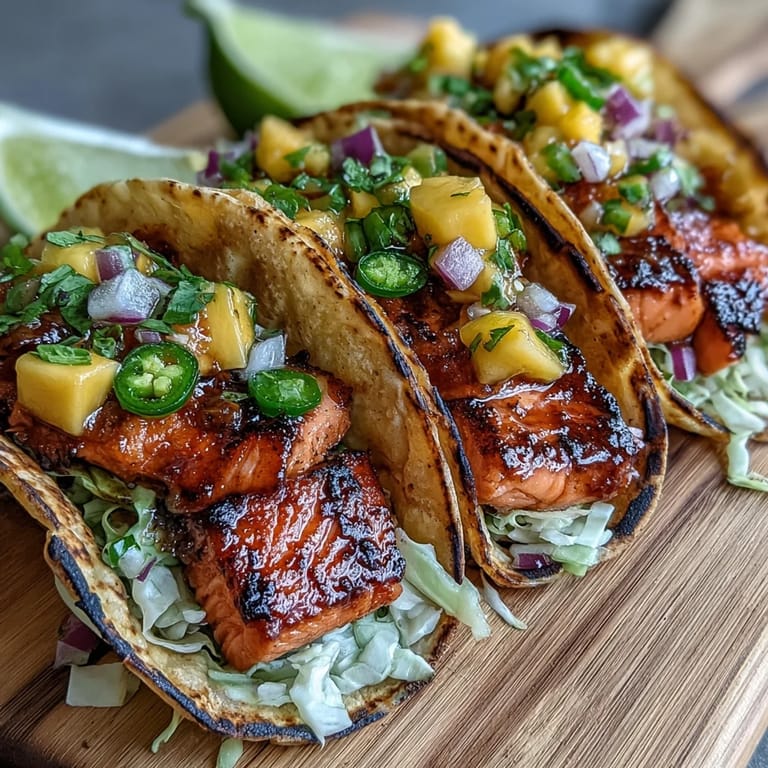 Flaky grilled salmon in soft tortillas with vibrant mango salsa, shredded cabbage, and a squeeze of lime.