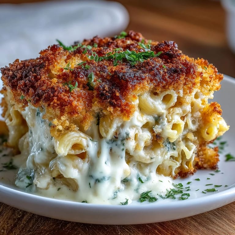 Comforting baked macaroni and cheese featuring rich Gruyère and sharp cheddar, topped with crispy breadcrumbs.