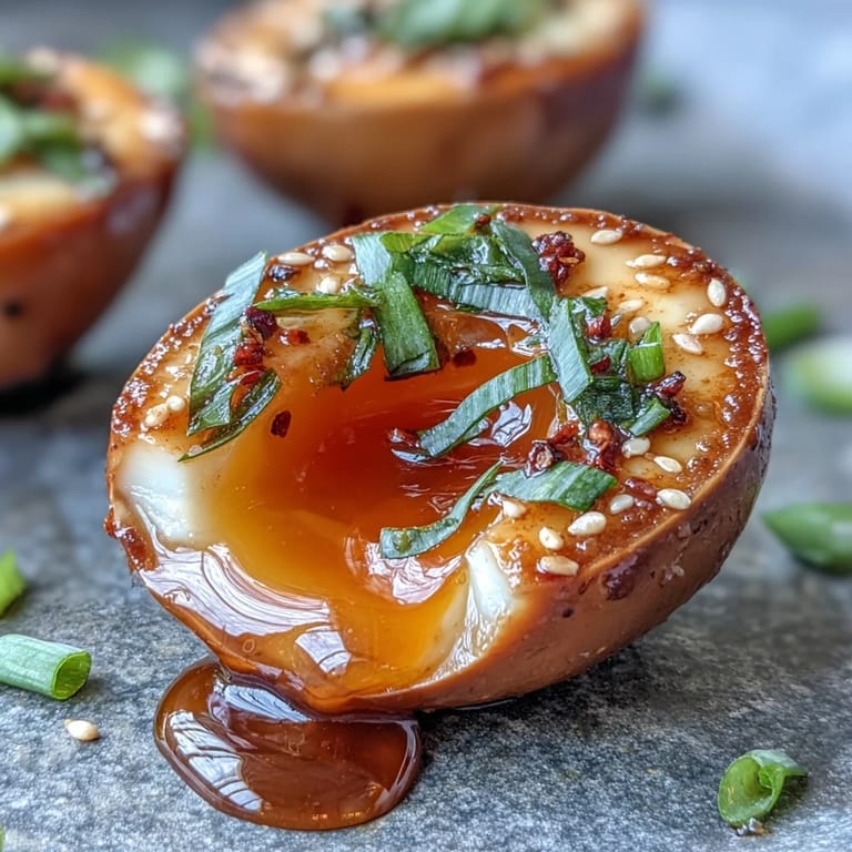 Beautifully soft-boiled Spicy Miso Marinated Eggs, ready to top your favorite ramen.