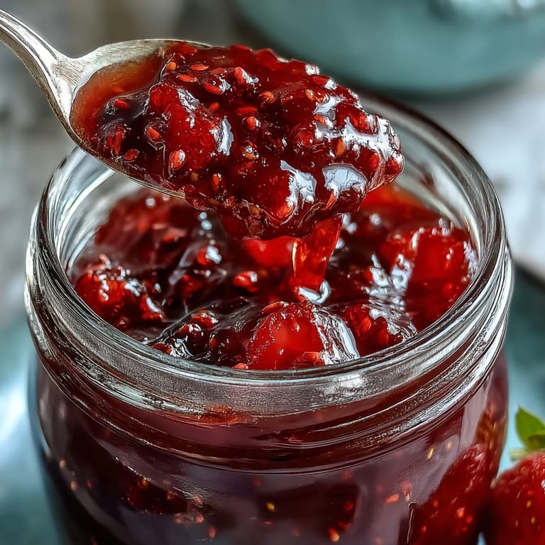Close-up of rustic cottagecore strawberry jam, bursting with fresh berry flavor.
