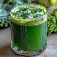 A glass of vibrant green cabbage and kale detox juice garnished with fresh lemon slices and a ginger knob.  