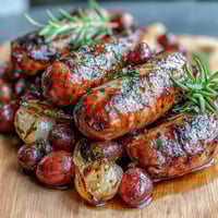 Golden roasted Italian sausages mingle with caramelized red grapes and rosemary in a rustic baking dish.