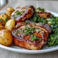 Juicy Aleppo Pork Chops roasted with golden potatoes and sautéed greens on a sheet pan.