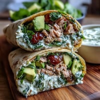 Fresh avocado and tuna wrap with baby spinach, a healthy, quick meal perfect for lunch or a light dinner.