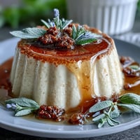 Silky honey lavender panna cotta with floral notes, served in elegant glasses and topped with edible blossoms.