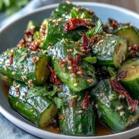 Crispy smashed cucumbers with vibrant garlic chili oil, perfect for a refreshing side dish.