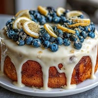 Vibrant lemon blueberry birthday cake with layers of moist lemon cake bursting with fresh blueberries, topped with silky lemon cream cheese frosting and edible flowers.