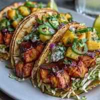Grilled salmon tacos with mango salsa served on warm tortillas with shredded cabbage and lime wedges.  