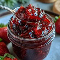 Vibrant cottagecore strawberry jam glistening in a jar, perfect for toast.